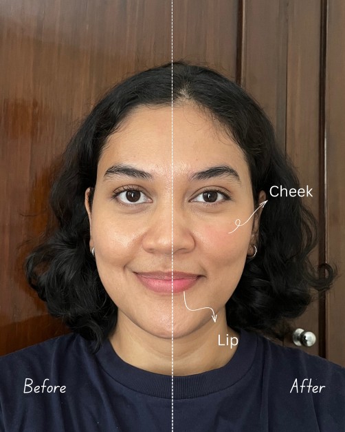 The Balm Stainiac Prom Queen Lip & Cheek Stain Before and After Swatch on Face