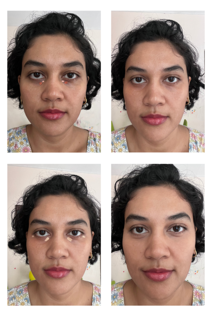 Four-step collage showing application of Essence Correct & Conceal Under Eye Brightening in Tan and Medium shades, blending, concealer application, and final under eye result with setting powder