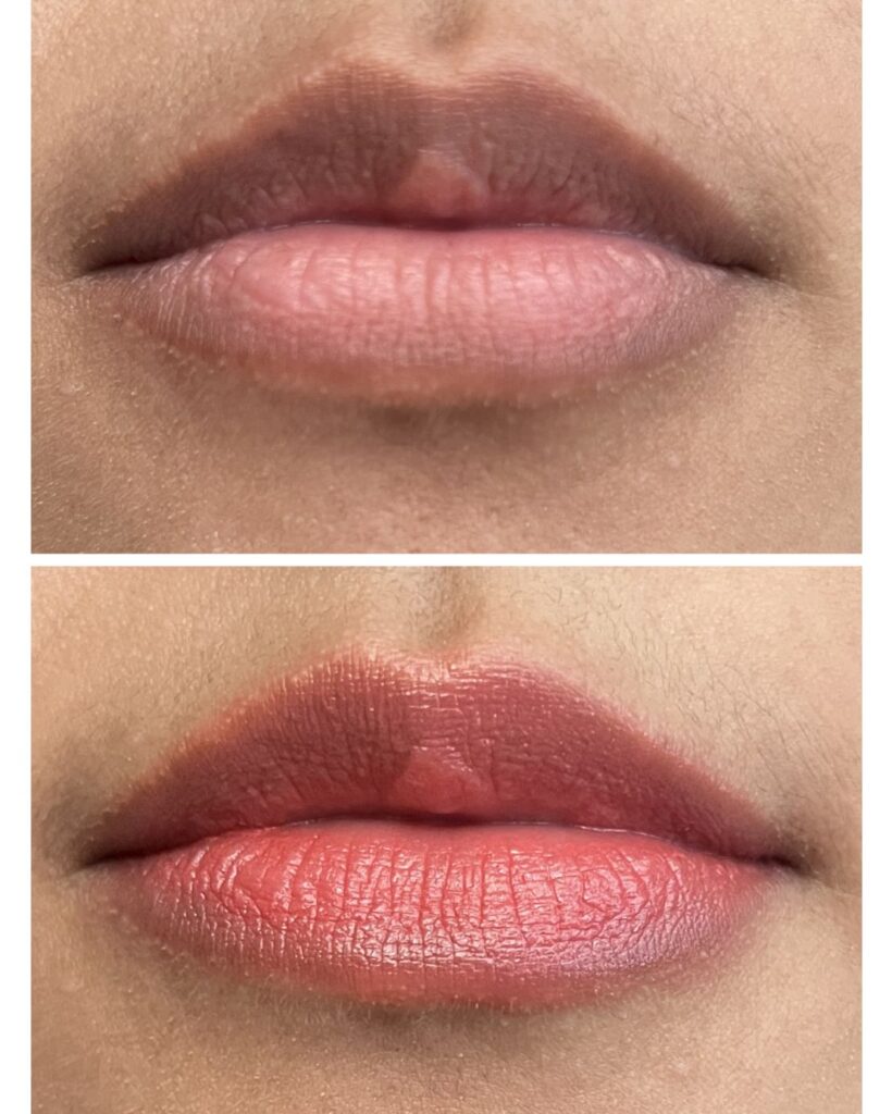 Before and after lip swatch of Wander Beauty Double Date Lip and Cheek in shade Spring Fling