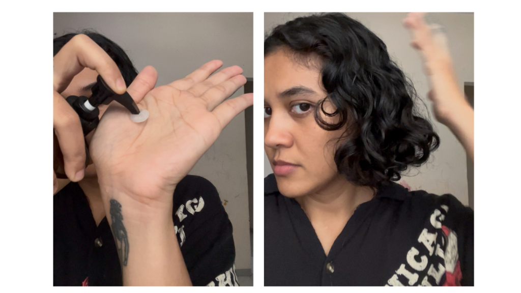 Collage of Moroccan Hydrating Elastin Curl Cream applied on hand and on wet curly hair after showering