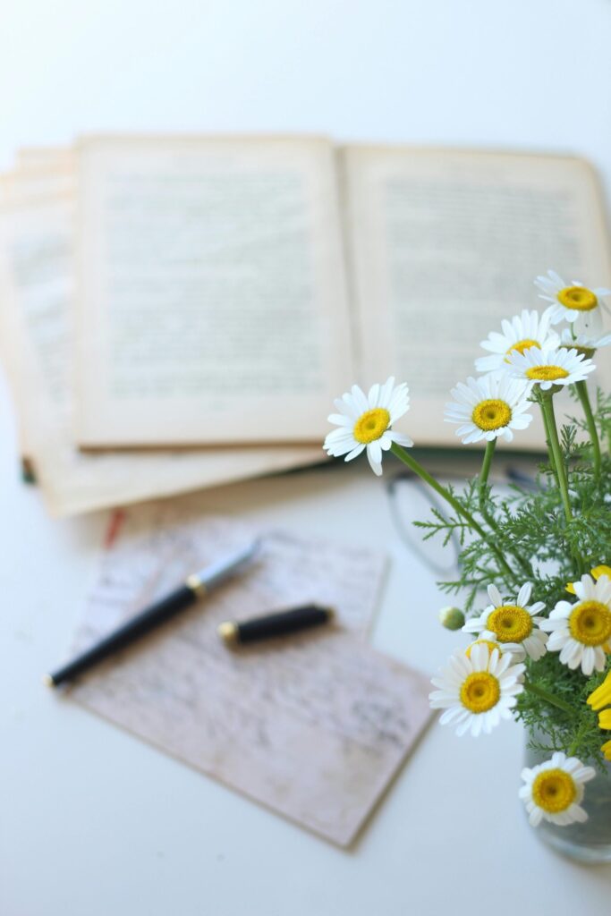 A calm journal setup with daisies, a book, and a pen, reflecting my beauty and lifestyle notes on dry, sensitive skin.