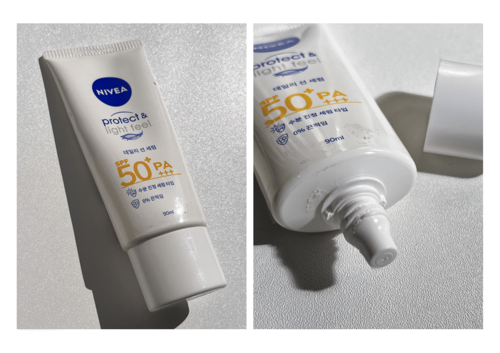 NIVEA Protect & Light Feel Sun Serum SPF 50+ PA+++ showing the full packaging and a close-up of the narrow nozzle applicator.