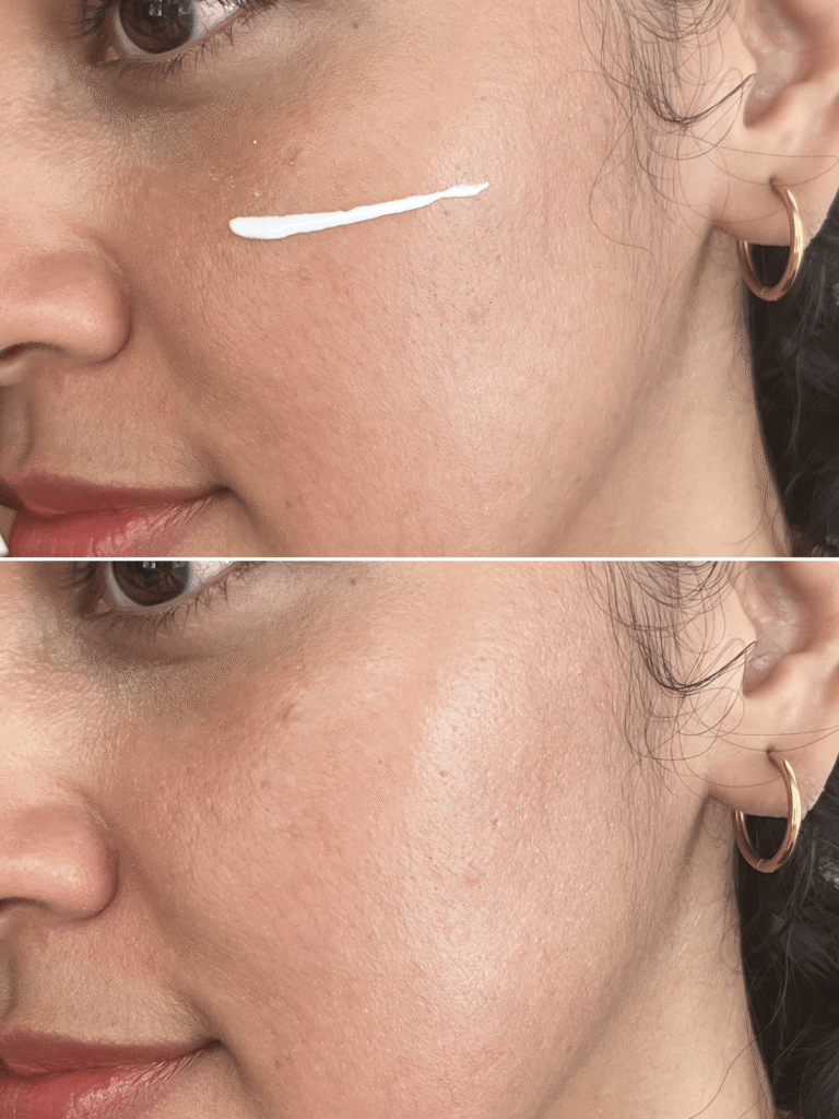 NIVEA Protect & Light Feel Sun Serum applied on the cheek before blending (top) and after blending into the skin (bottom).