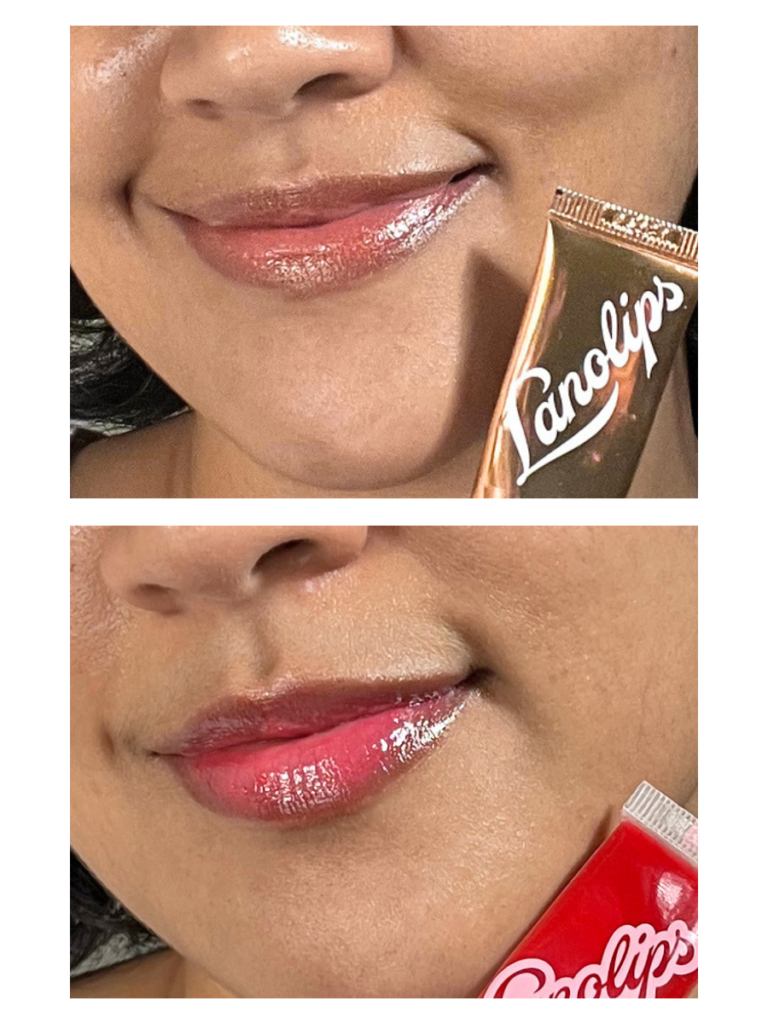 Lip swatches of Lanolips 101 Ointment Multi-Balm in Bronze Gold and Lanolips Fruity Jelly Balm in Strawberry.