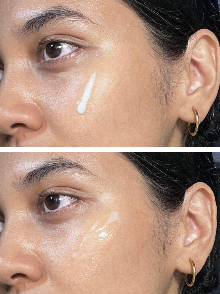 Innisfree Retinol Cica Barrier Cream on the cheek before and after blending, showing its lightweight gel-cream texture and smooth absorption.