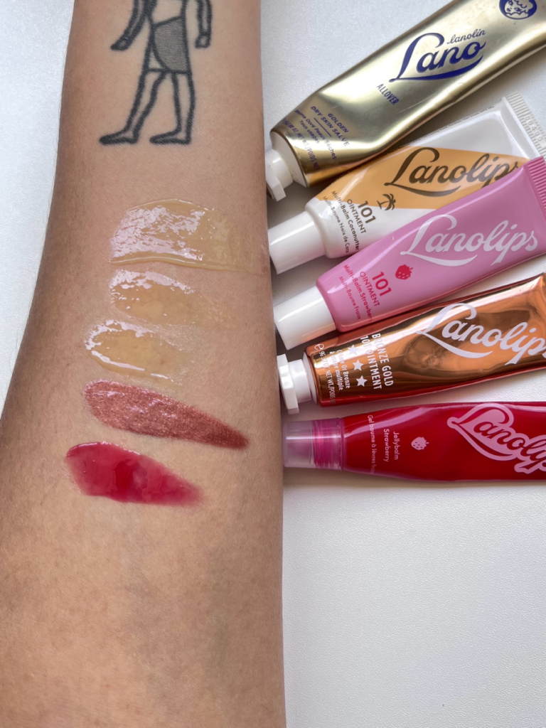 Lanolips ointment and tinted balm hand swatch after blending under natural light.