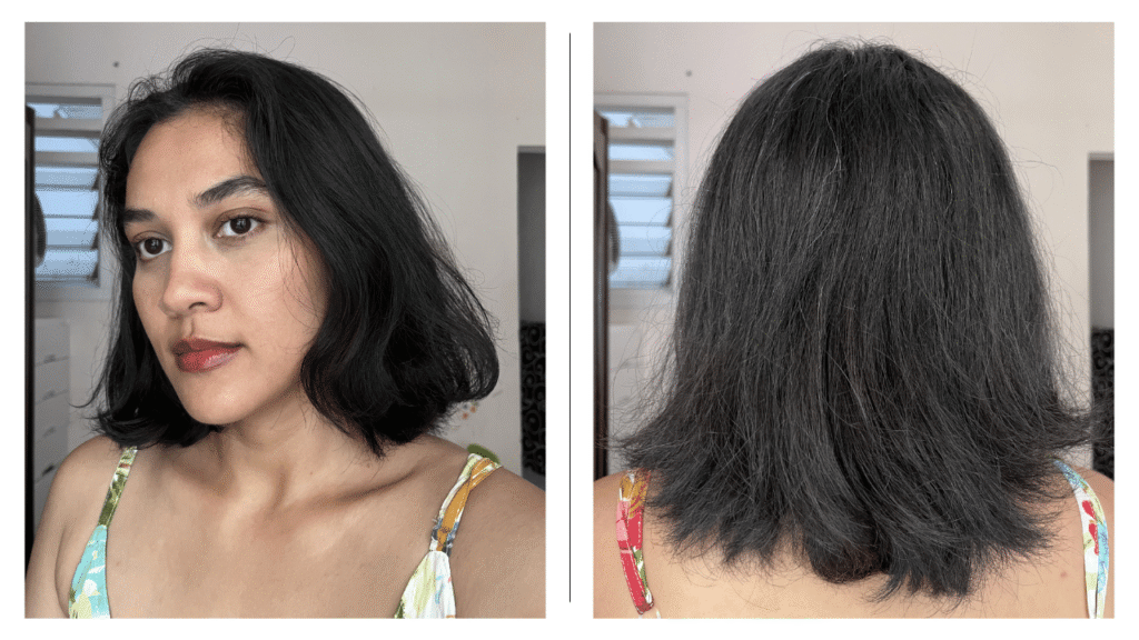 Front and back view of my wavy hair after using Pikaru Keratin Anti-Frizz Pro Hair Cream and flat ironing it following the product instructions.