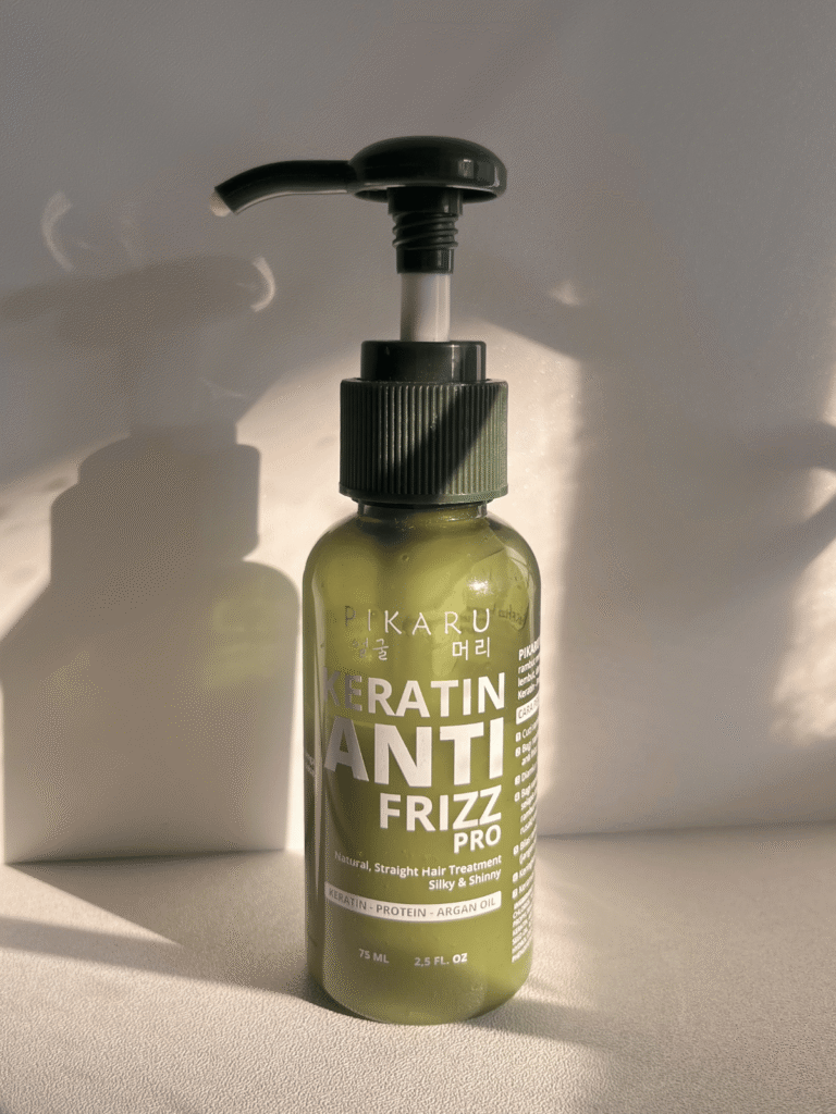Pikaru Keratin Anti-Frizz Pro Hair Cream 75 ml in an olive green pump bottle.