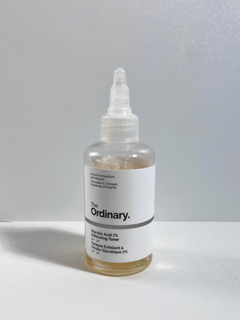The Ordinary Glycolic Acid 7% Exfoliating Toner in its transparent plastic bottle with minimalist packaging design.