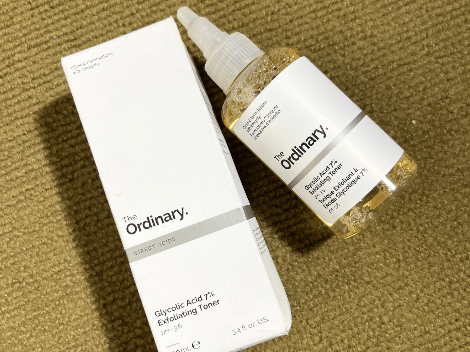 The Ordinary Glycolic Acid 7% Exfoliating Toner bottle and packaging box displayed together.