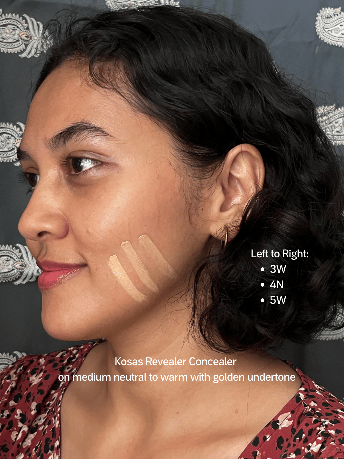 Kosas Revealer Concealer shades 03W, 04N, and 05W swatched on a jawline with medium neutral-to-warm skin and golden undertones.