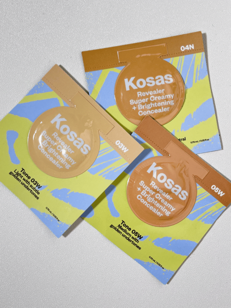 Kosas Revealer Concealer sample card featuring three shades: 03W, 04N, and 05W on a clean white background.