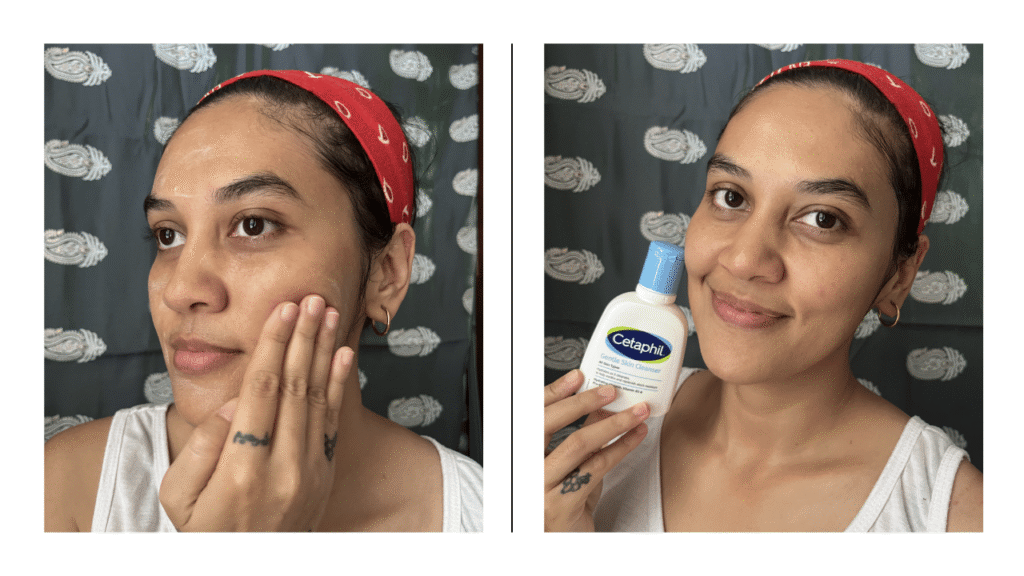 Applying Cetaphil Gentle Skin Cleanser and holding the bottle after cleansing, showing its gentle foam free formula for dry and sensitive skin.