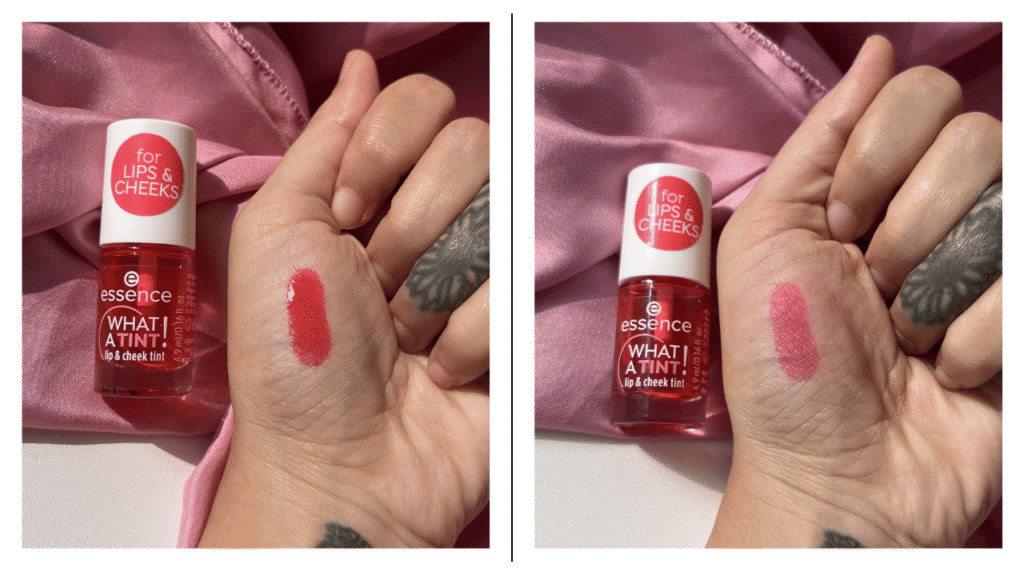 Hand swatch of Essence What A Tint Coral Sunset showing fresh swipe on left and blotted stain on right
