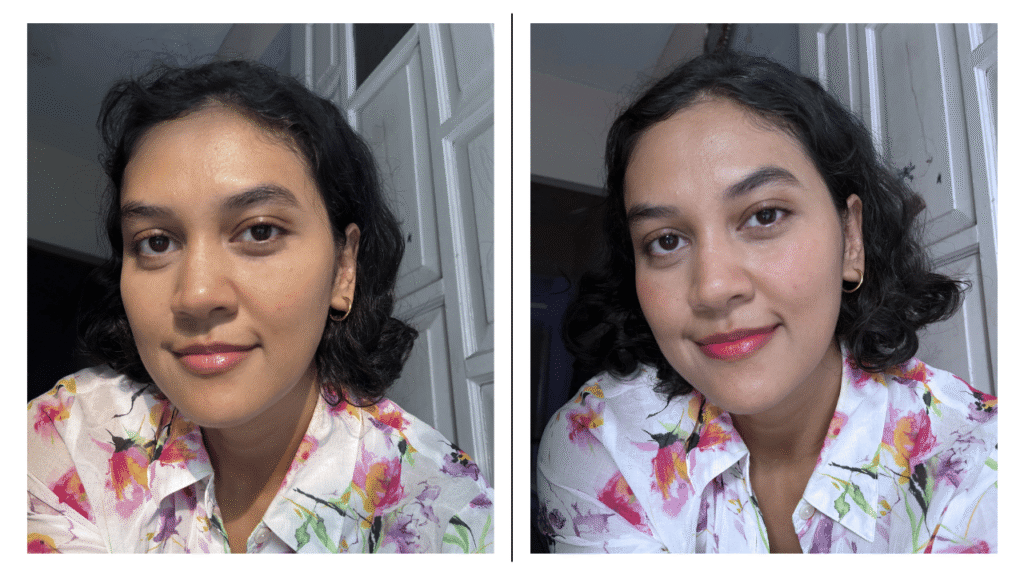 Before and after full face look applying Essence What A Tint Coral Sunset on lips and cheeks