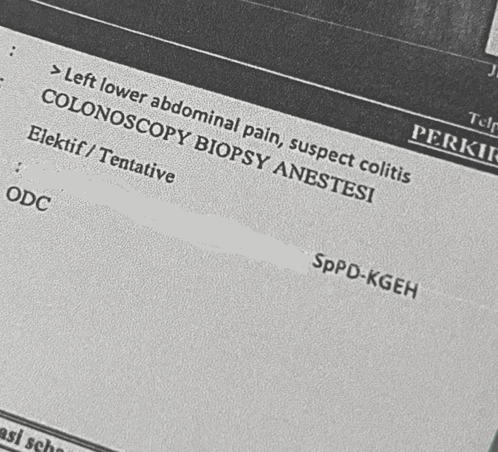 Medical referral letter from a gastroenterologist for elective colonoscopy and biopsy due to left lower abdominal pain