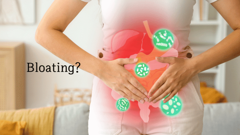Bloating illustration of a woman holding her stomach showing digestive bacteria