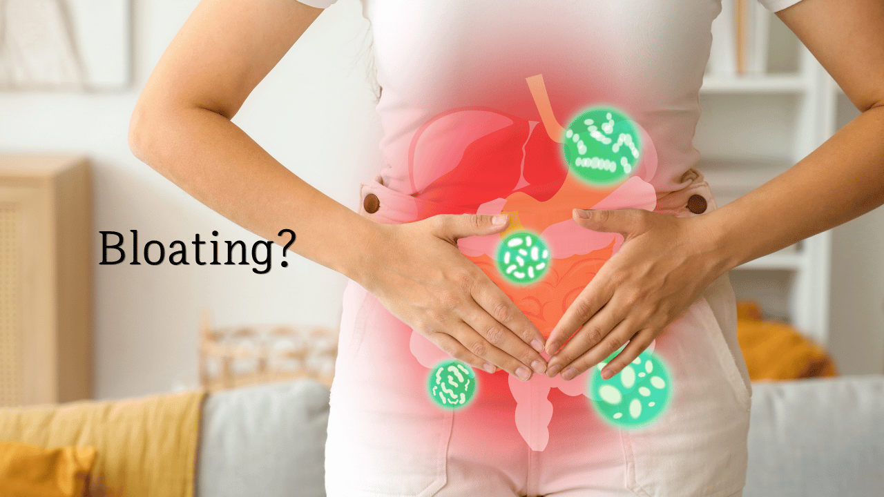 Bloating illustration of a woman holding her stomach showing digestive bacteria