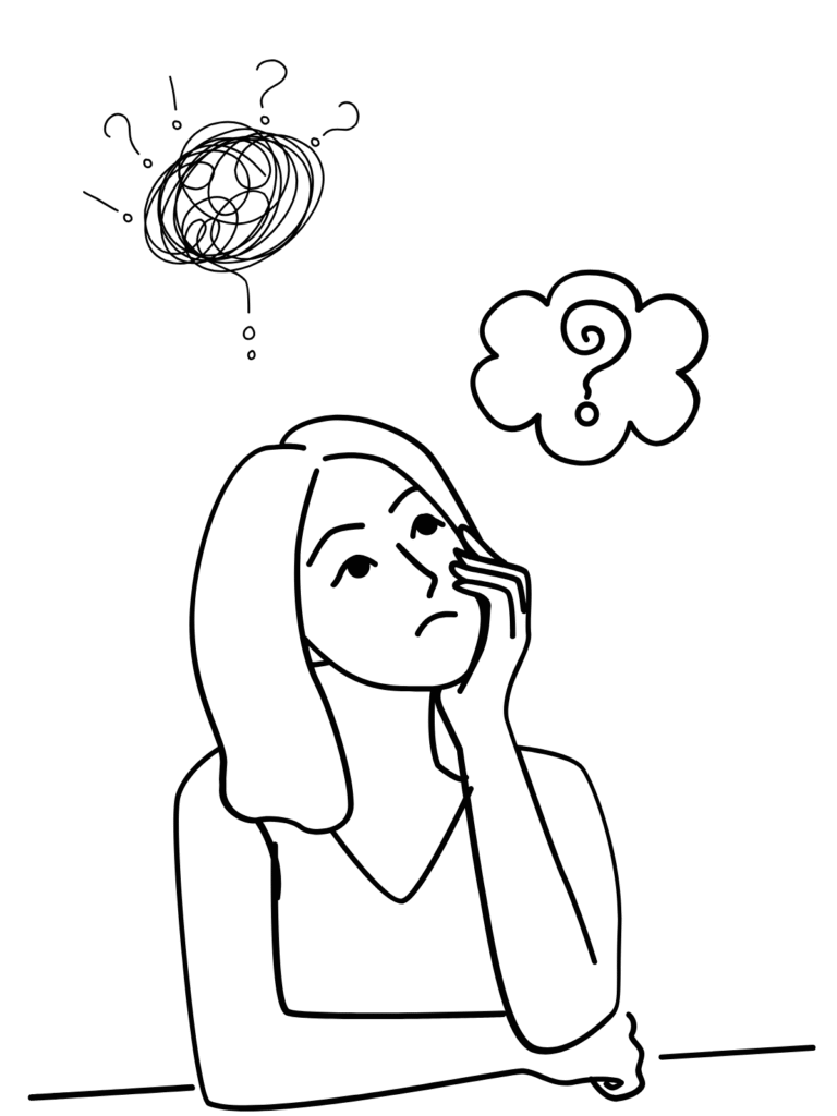 Line art illustration of a confused woman thinking with question marks above her head