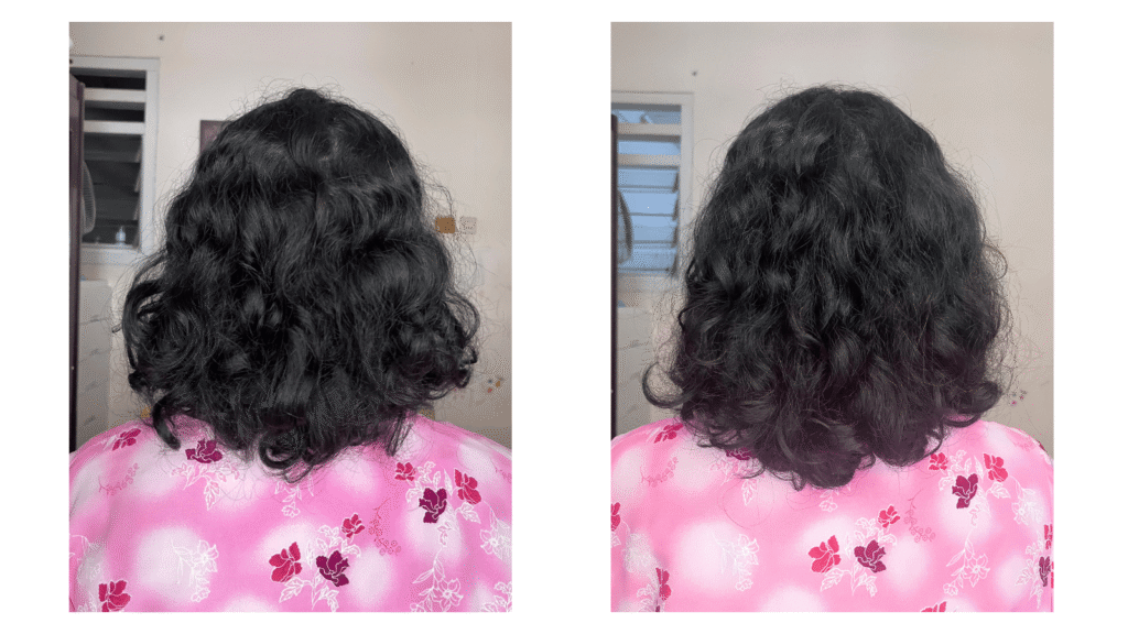 Before and after hair comparison showing frizz before and smoother hair after using Amika Smooth Over